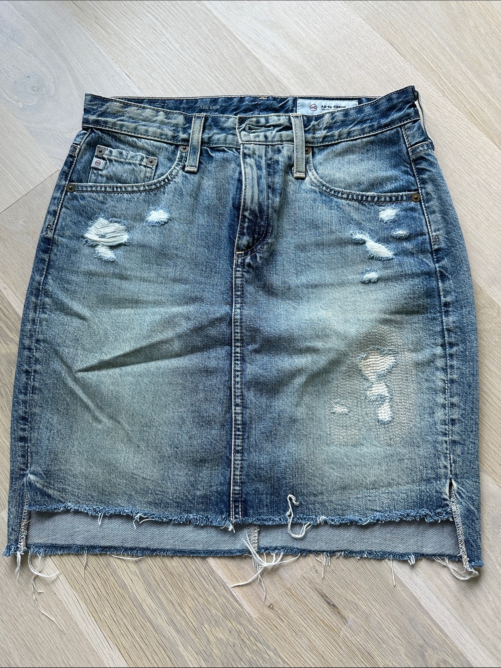 Ag Adriano Goldschmied Faded Blue Distressed Denim Pencil Skirt